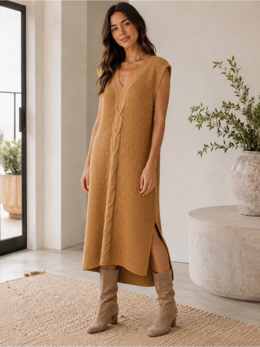 POL Sleeveless V-Neck Cable Knit Midi Dress - Tan